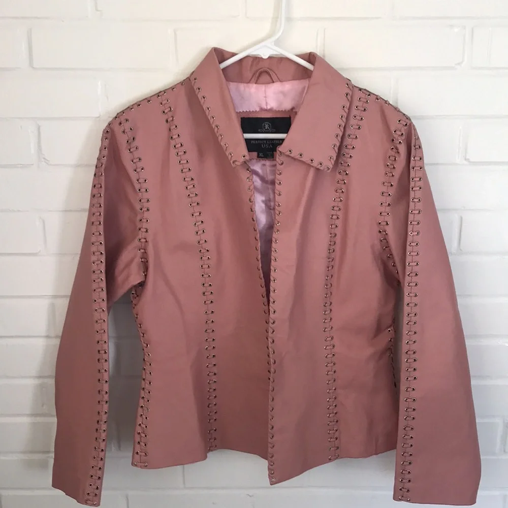 Vintage Oscar Piel Pink leather jacket XL grommet tie lace